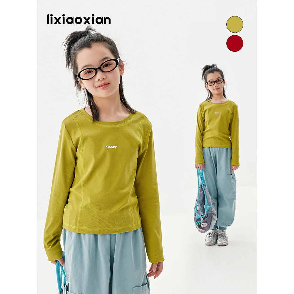 Li Xiaoxian meninas de manga comprida cor sólida All-Match Bottoming camiseta crianças primavera outono novos topos médi