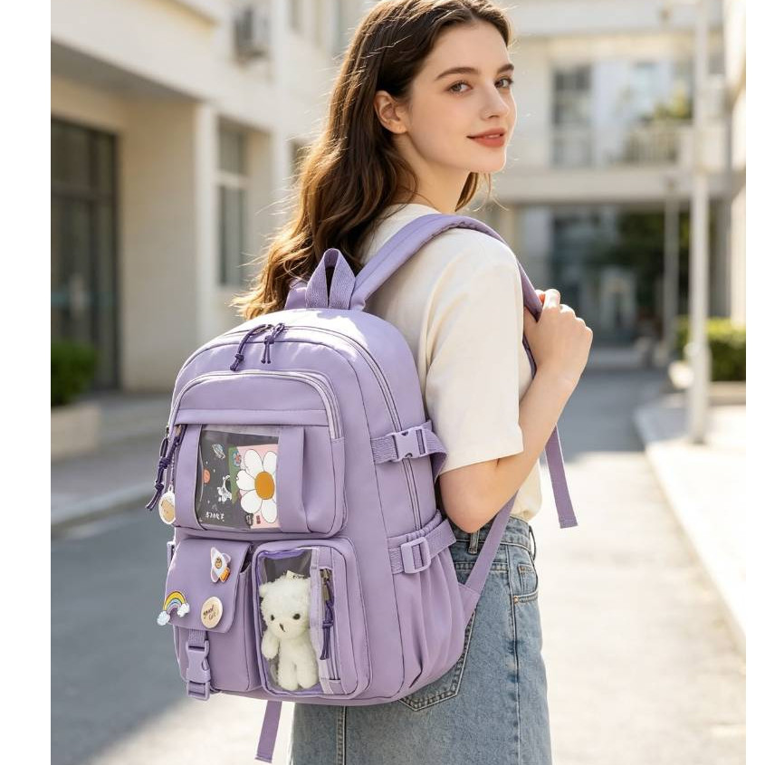 Mochila Feminina Escolar Passeio Coreano Grande Capacidade Com pingente de urso(Com pingente) — imagem 2 de 2