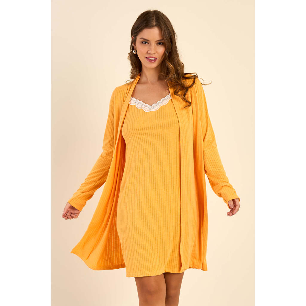 Pijama Feminino Camisola e Robe Canelado Marialícia Amarelo