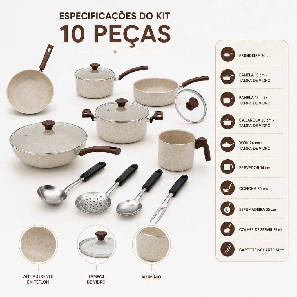 Jogo de Panelas Cerâmica Antiaderente Kit 10 Peças Tampas de Vidro Panela Caçarola Wok