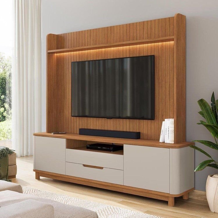 Estante p/ TV Home Theater até 70 pol 215CMX195CM Pés em Madeira Maciça Frisado Cannes Cedro/Off Cedro/Off White