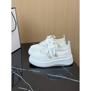 Sapatos brancos de couro feminino 2026 primavera verão novo estilo plataforma de sola grossa moda sapatos casuais aument