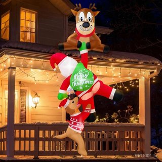 Decoração Inflável de Natal Suspensa de 8FT para Exteriores, Rena Inflável Engraçada Puxando Papai Noel e Cão, Decoraçõe