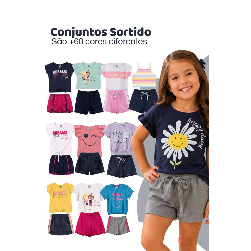 Kit Sortido 20 Peças de Roupas Infantis Menina (10 Camisetas + 10 Bermudas) Kit 10 conjuntos Menina