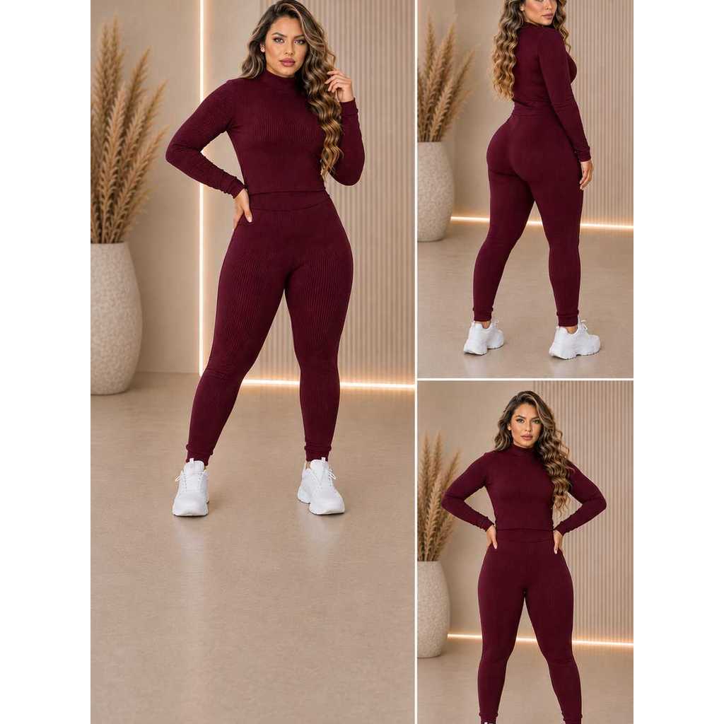 Mary Fashion Conjunto Feminino Calça e Blusa Manga longa/ Canelado 3D/Confortável Blogueira Tendência Inverno