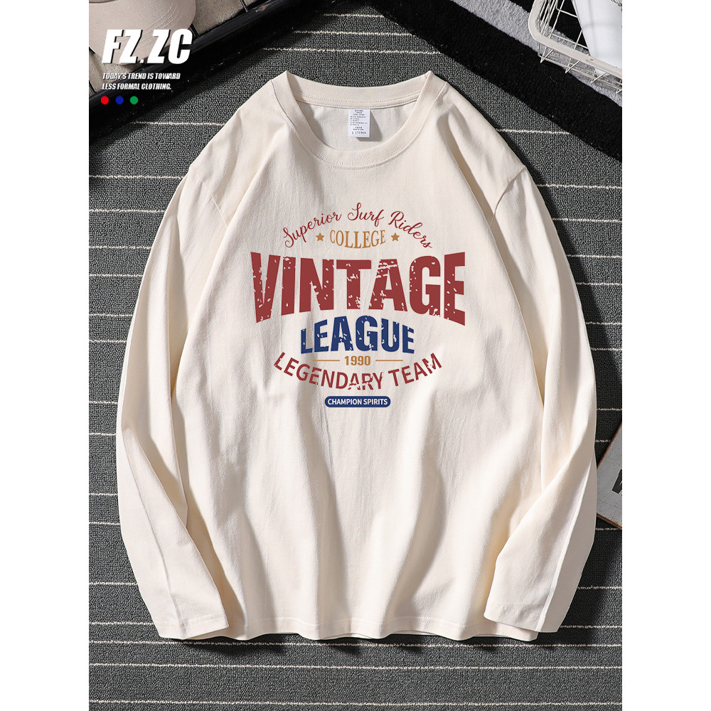 Retro estilo Hong Kong novo estilo simples carta impressa de manga comprida camiseta masculina puro algodão outono ins S