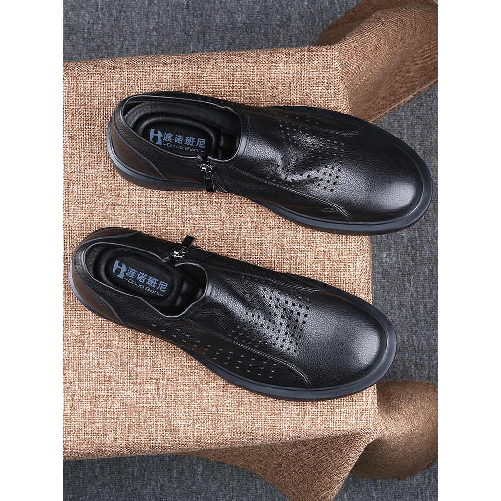 Sapatos de couro casuais masculinos verão respirável estilo fino sandálias ocas de couro de camada única sapatos de cour