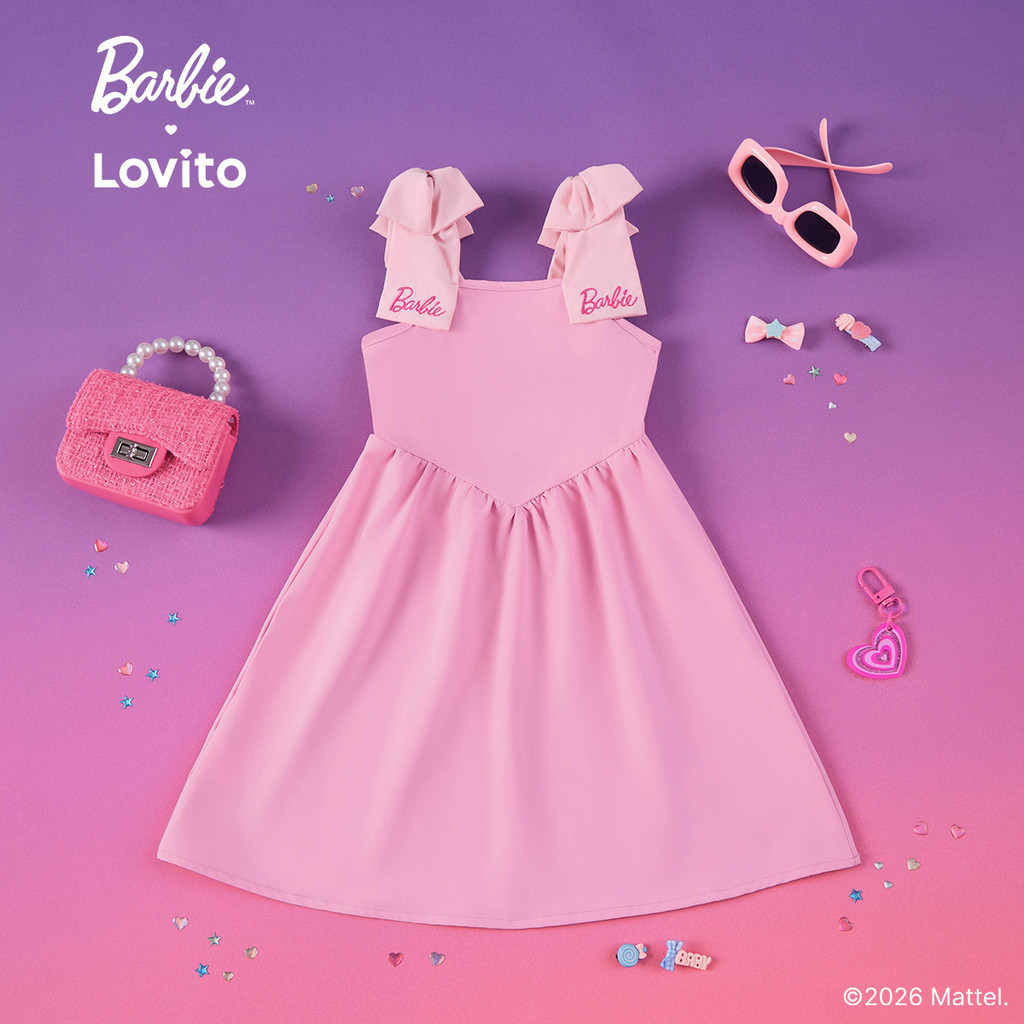 Barbie™ X Lovito Kids Vestido Elegante Rosa Menina Flare Até Joelho Bordado Laço E Linhas Estruturais LBL5AD028