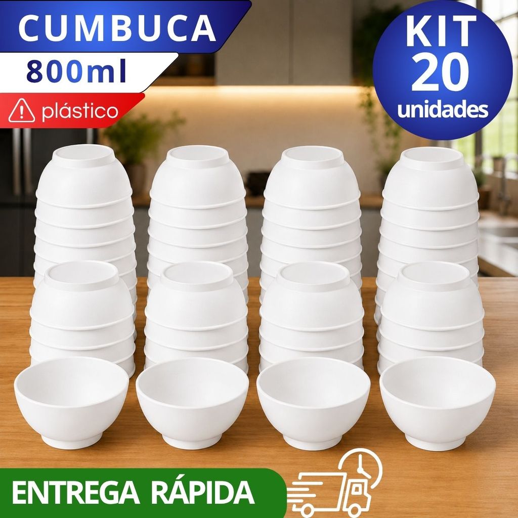 Kit 20 Potes Cozinha 800ml Tigelas Cumbucas Bowls Plástico Branca Açaí Sorvete Doce Salgado