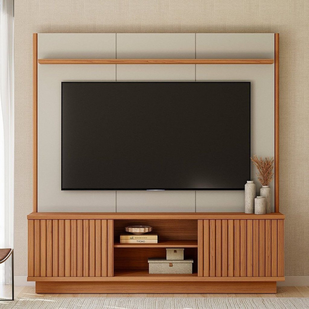 Estante para TV e Home Theater até 75 Polegadas MDF 180cmx186cm Ravenna Linea Brasil Bege Canela/Off White Fosco