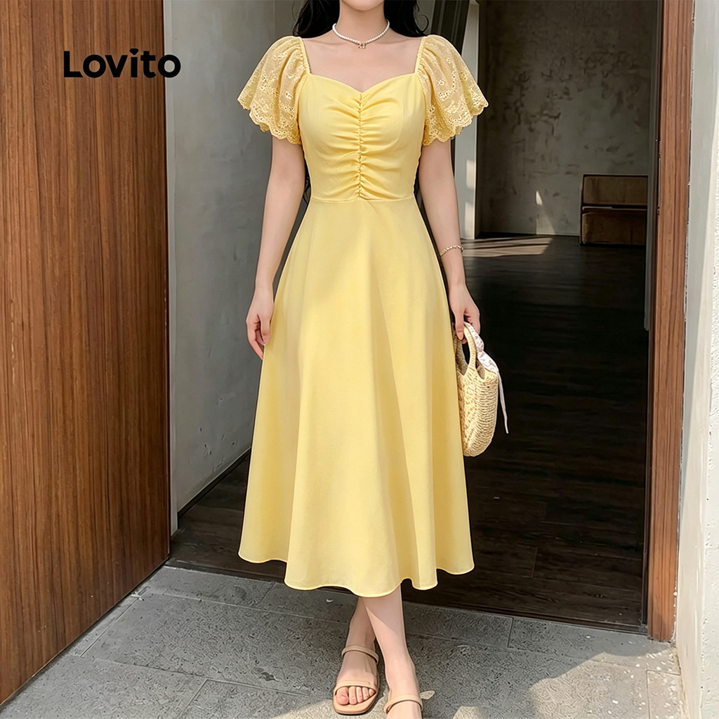 Lovito Vestido Elegante com Bordado Amarelo para Mulheres Perfeito para Primavera/Verão DRK8P1D165 · foto 2