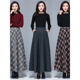 Xadrez inverno saia saia outono inverno saia feminina inverno de lã grande balanço saia longa Drape a linha saia 2022 no