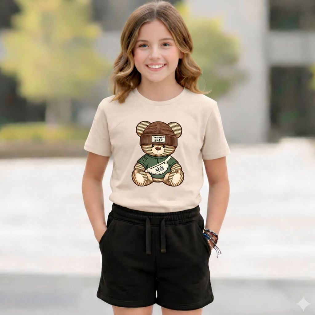Conjunto infantil feminina minimalista urso ursinho estiloso camiseta e short algodão fofo bear criança menina