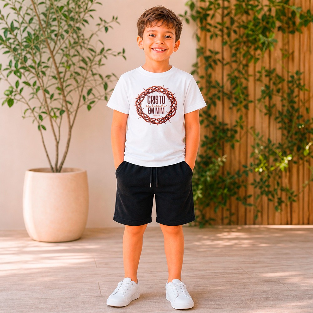 Conjunto Infantil Masculino Menino Camiseta + Bermuda Moletinho Cristo Vive em Mim Cristão