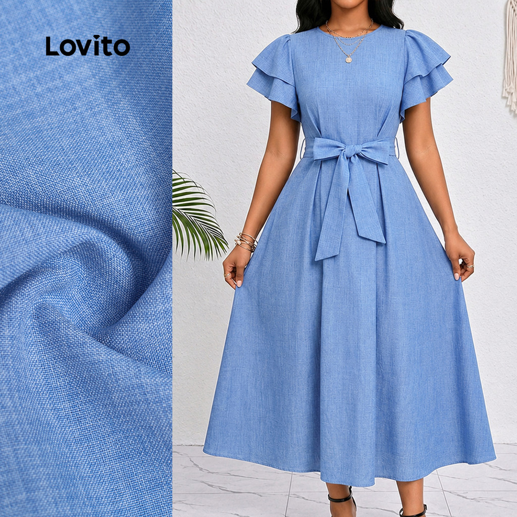 Lovito Vestido Elegante com Cinto Vestido Azul de Duas Camadas para Primavera/verão feminino LBL37151