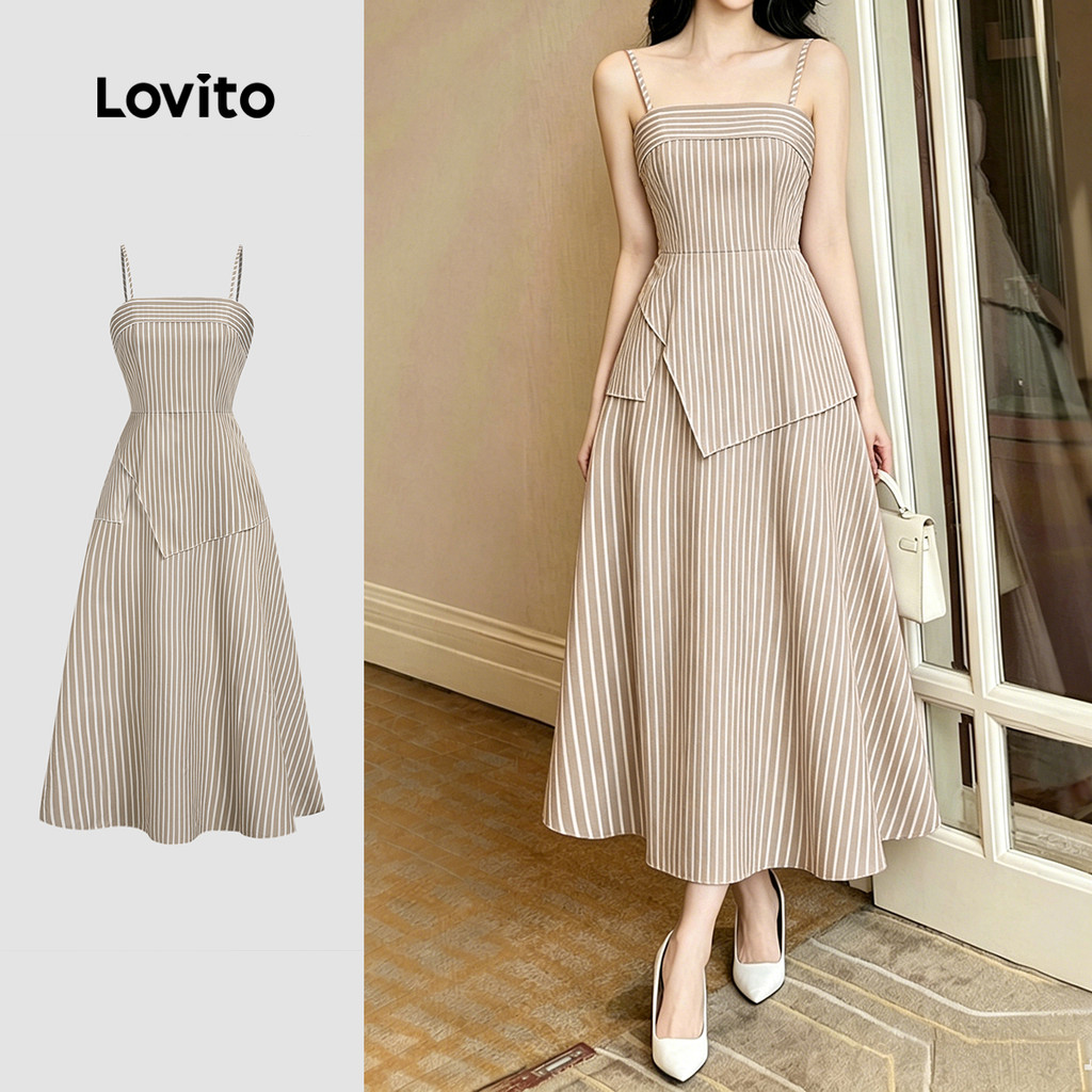Lovito Vestido Elegante Estampa Falsa 2 em 1 Primavera/verão Cáqui para mulheres L199ED570