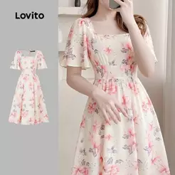 Lovito Vestido Elegante com Padrão Plissado Vestido de Primavera/verão para mulheres L198ED610
