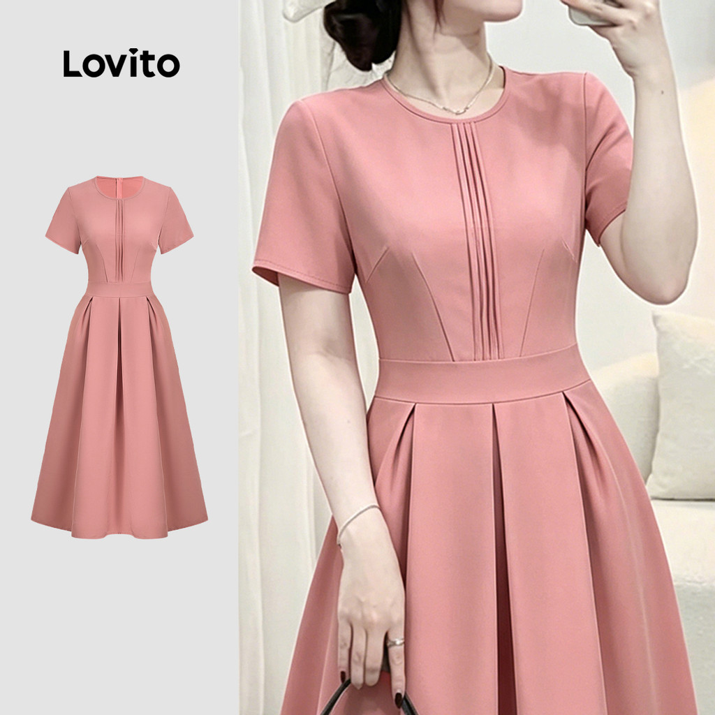 Lovito Vestido Elegante com Pregas e Linhas Estruturadas Vestido Rosa para Mulheres L199ED455