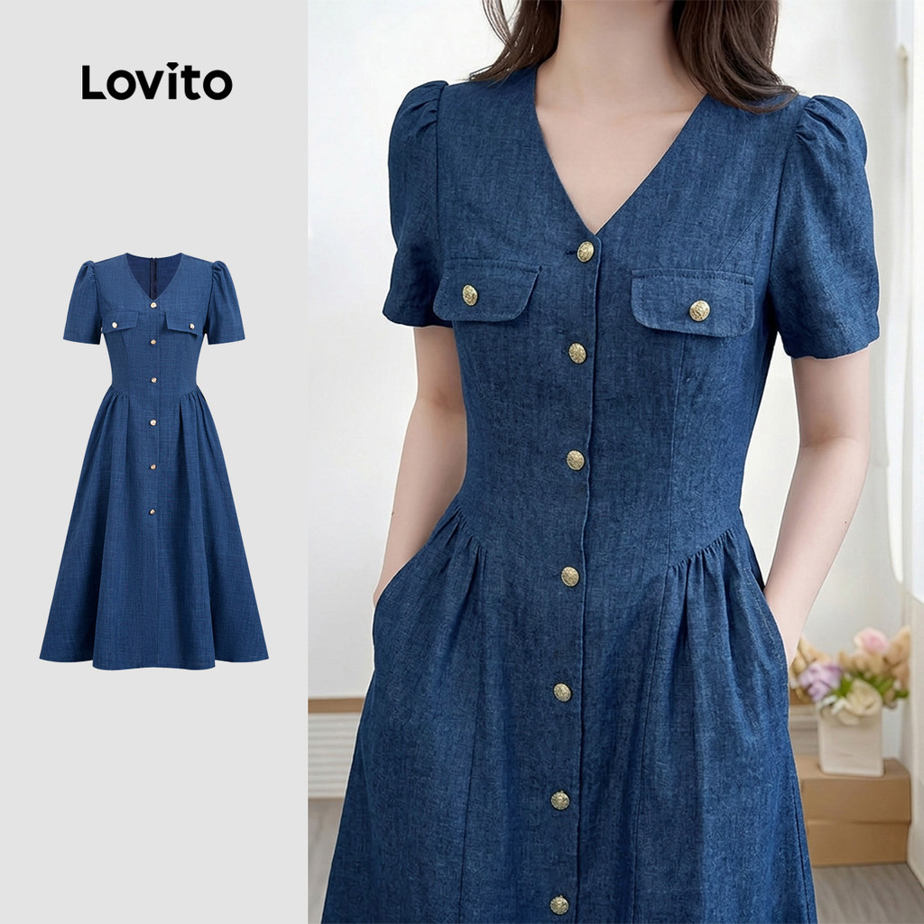 Lovito Vestido Casual Feminino Azul Escuro de Primavera/verão com Botões e Bolso Falso com zíper LBL37102