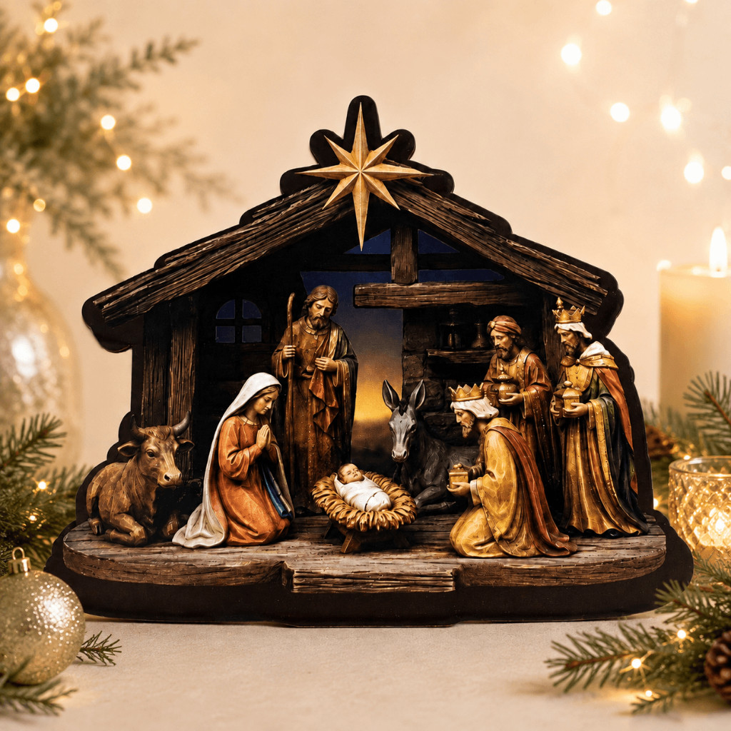 Presépio Natal Decoração de Mesa Natalino Sagrada Família Jesus Enfeite Decorativo MDF