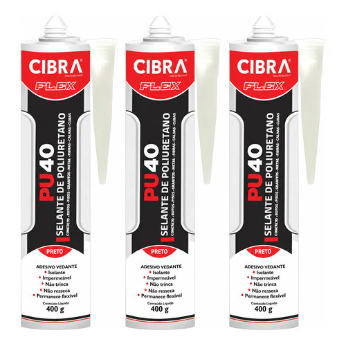 Kit 3 Unidades Cibra Flex PU 40 Preto Selante De Poliuretano Preto Vedação Adesiva Construção Juntas Impermeabilização