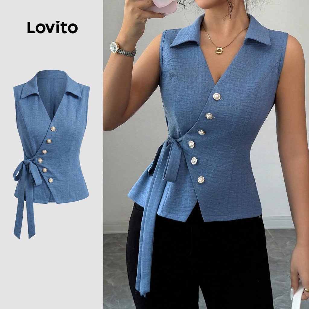 Lovito Top Elegante Feminino Azul com Cadarço e Botão primavera/verão Bordado TKK8BR006