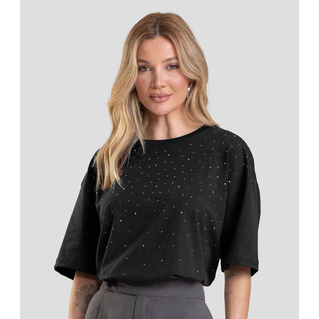 T- Shirt Box Feminina com Strass Dianna Preto