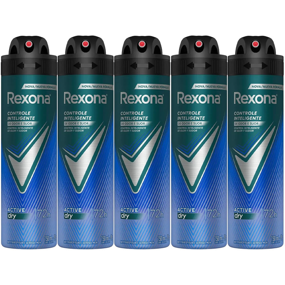 Kit Desodorante Aerosol Rexona Active Dry Azul 150ml - 5 Unidades