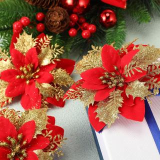 Kit 12/24 Flores de Natal Vermelha e Dourada com Glitter 14cm Luxo Árvore Decoração Natalina