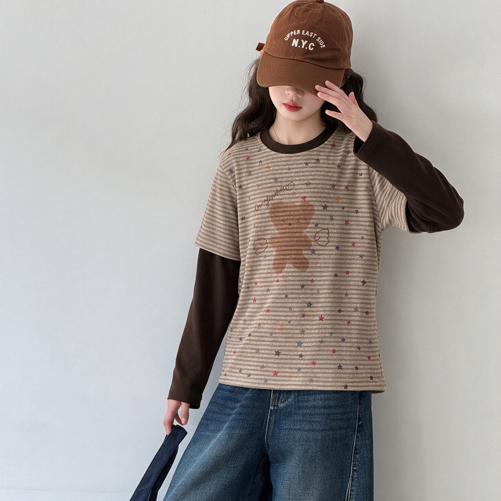 Meninas Falsas Duas Peças Manga Longa Camiseta Bonito Urso Estrela Impressão Outono Crianças Listrado Topos