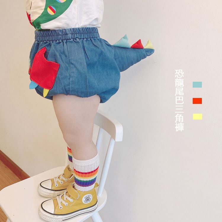 Crianças dinossauro cauda Denim pão calças masculino feminino bebê dos desenhos animados de manga curta camiseta Briefs 