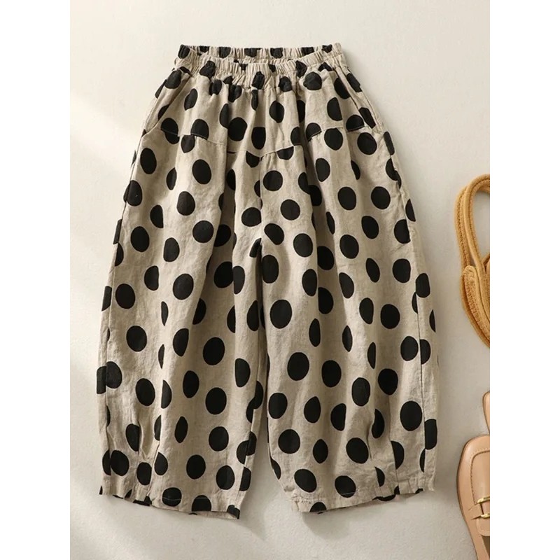 Calças de Linho com Estampa de Bolinhas Grandes, Estilo Lanterna, Perna Larga, Femininas, Verão, Finas, Cintura Elástica
