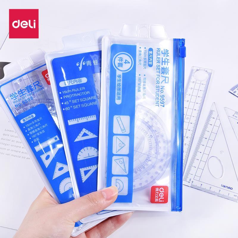 Deli papelaria estudante régua conjunto transparente acrílico régua desenho conjunto de quatro peças triângulo régua tra