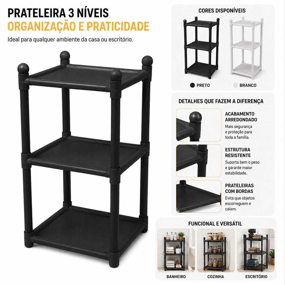 Estante Organizadora Multiuso Preta com 3 Prateleiras, Plástico PP, Compacta e Resistente para Banheiro, Lavanderia,