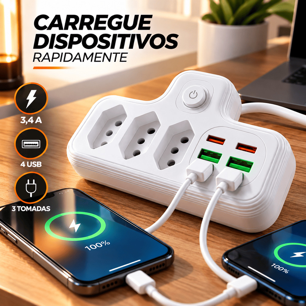 Adaptador Tomada 7 em 1 Multiuso Leve Saída Tipo C Extensão Mesa Conversor Volt Bivolt Múltiplo Mala Turística Top