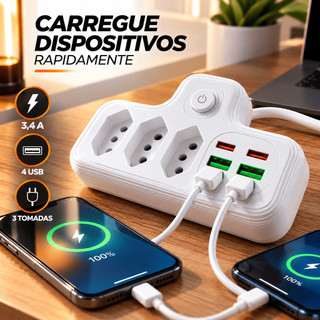 Adaptador Tomada 7 em 1 Multiuso Leve Saída Tipo C Extensão Mesa Conversor Volt Bivolt Múltiplo Mala Turística Top