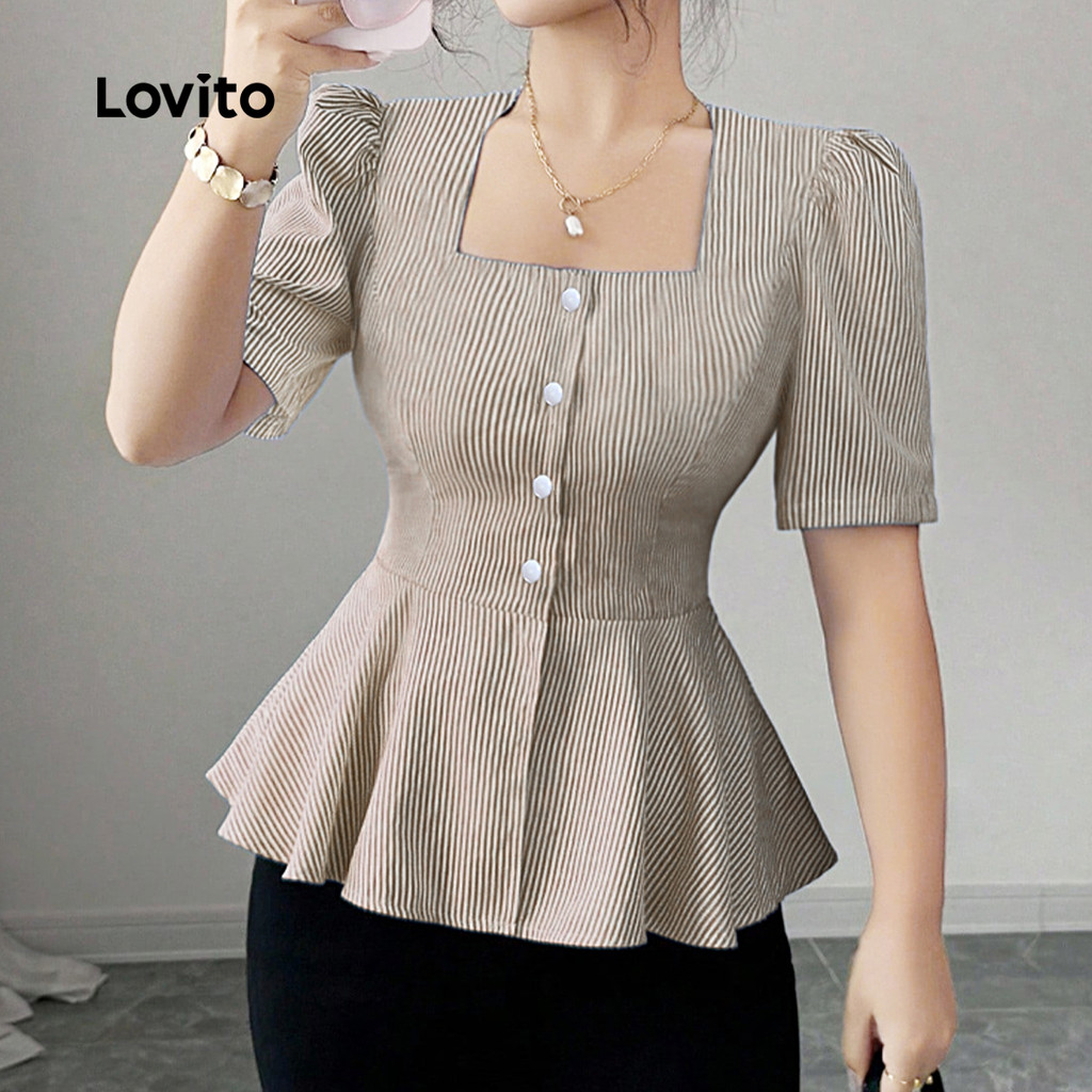(Elegante) Lovito Blusa com Botões Babado Na Bainha Primavera/verão Marrom para mulheres L142LD042