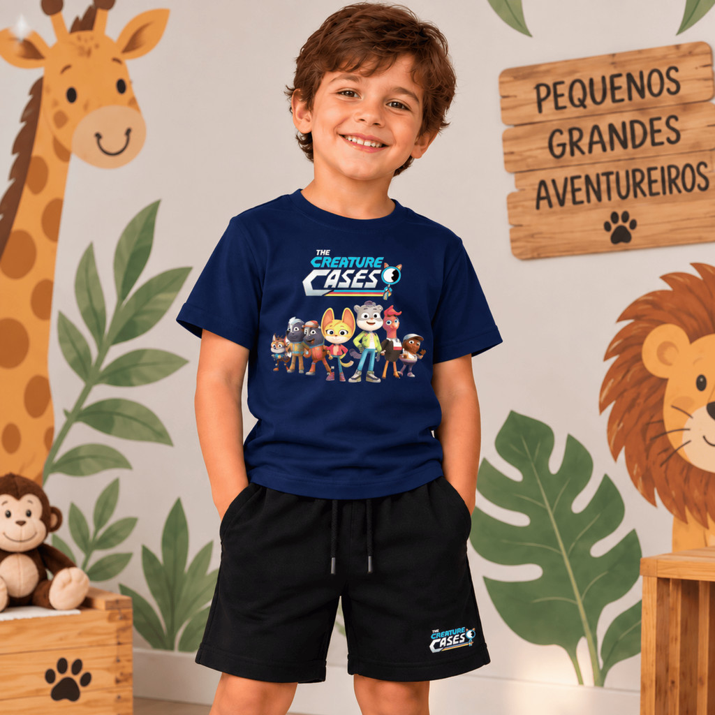 Conjunto Infantil Menino Mistérios Animais Camiseta 100% Algodão e Bermuda Moletinho Roupa Infantil