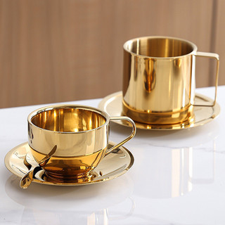 Conjunto de xícara e pires de café em aço inoxidável 304 com colher, para uso comercial, dourado, xícara e pires térmico