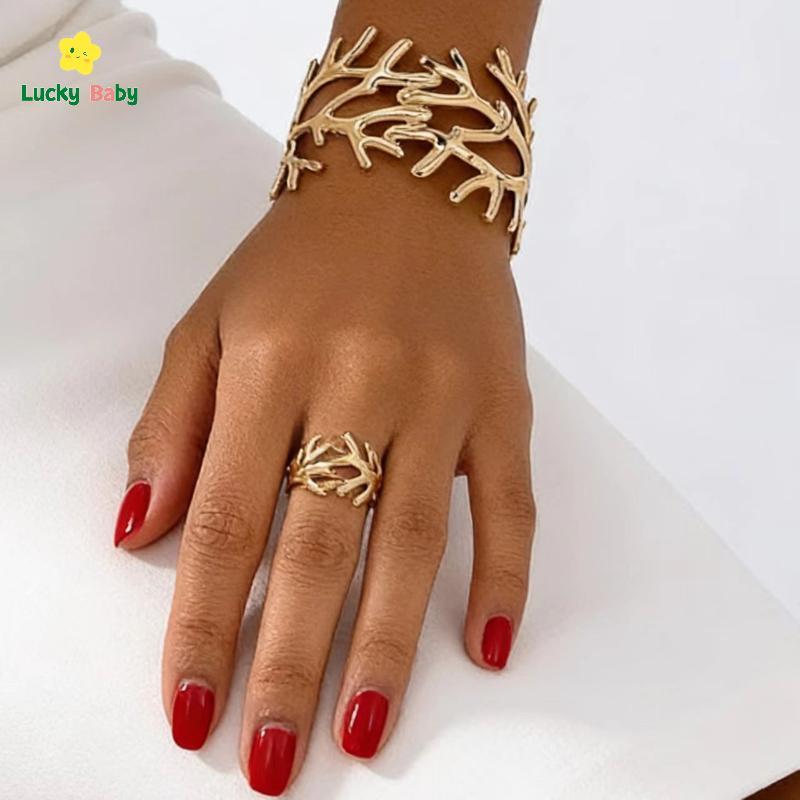 [Luckybaby-t] Conjunto De Anel De Pulseira De Ramo De Coral Dourado , 2 Peças , Acabamento Polido , Joias Da Moda Para M
