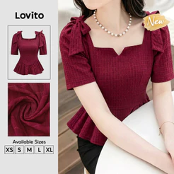 (New Arrival) Lovito Blusa Feminina Bordô Elegante De Cor Lisa Com Mangas Curtas Decote Quadrado Laço Frontal Com Amarração Bainha Com Folhos E Alças Largas Nos Ombros Para Primavera Verão Natal Ano Novo Chinês E Trabalho BLB205P2D146