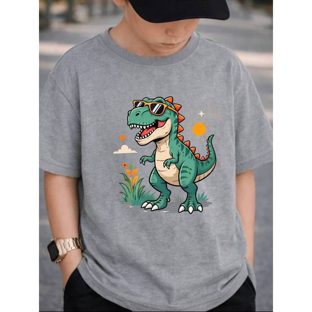 Camiseta Infantil 100% Algodão Camisa Para o Dia a dia Crianças Estampada Dinossauro de Óculos de Sol