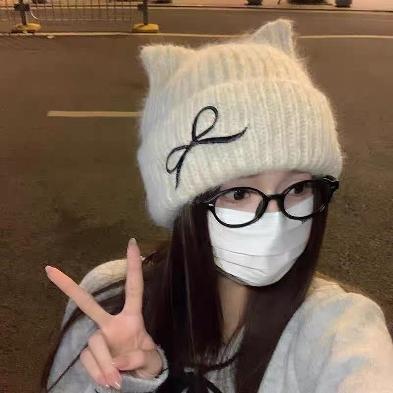 LYCG – Gorro de lã de malha para mulher, ideal para o inverno, com detalhes de orelhas de gato e laço.