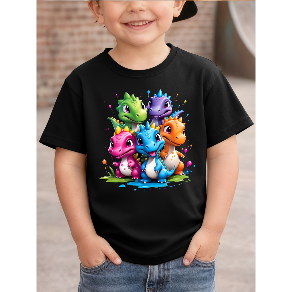 Cinco Dinossauros Coloridos Crianças Camiseta Respingo Arte Impressão Meninos Meninas Família Combinando Verão Manga Cur