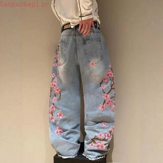 Harajuku Retalhos Flor De Cerejeira Bordado Calças Jeans Y2K Vintage Feminino Baggy Em Linha Reta Perna Larga Rua Roupas