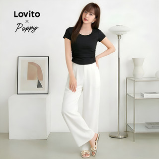 Lovito Branca Elegante Calça Calça Plissada Lisa Para Mulher LNE59439