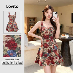 Lovito Floral Férias Vestido Vintage Multicolorido Para Primavera/verão Para Mulheres L144AD149