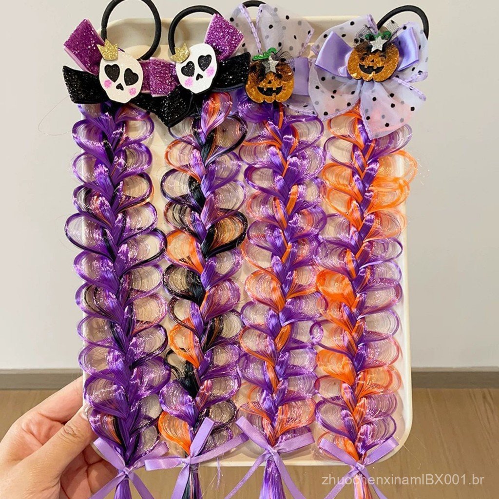 Peruca infantil de Halloween com tranças, prendedor de cabelo, abóbora, aranha, morcego, para festa de meninas, cosplay,