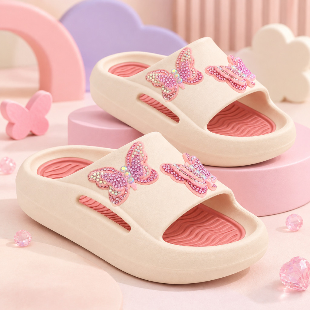 Sandália Chinelo Infantil Menina Feminino Slide Bicolor Colorido Lançamento Borboleta 3D Strass Brilho Confortável