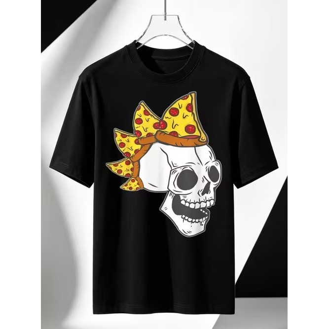 Camiseta Manga Curta Estampada Caveira Pizza Divertida Confortável Estilosa Premium Moderna para Uso Casual Tendência